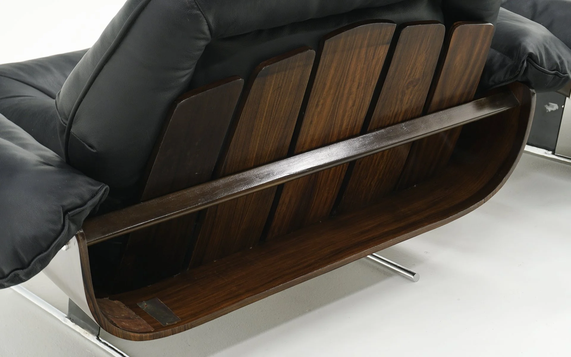 Pair Jorge Zalszupin lounge Chairs in Black Leather and Brazilian